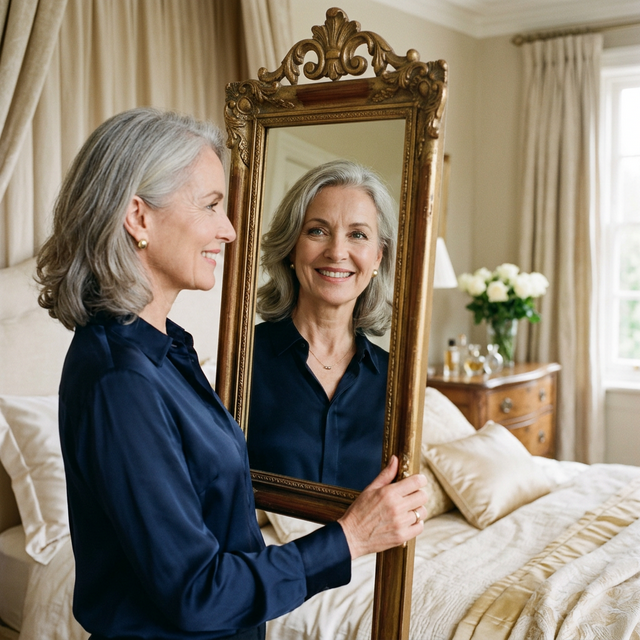 Mulher madura sorrindo confiante no espelho após cirurgia de pálpebras